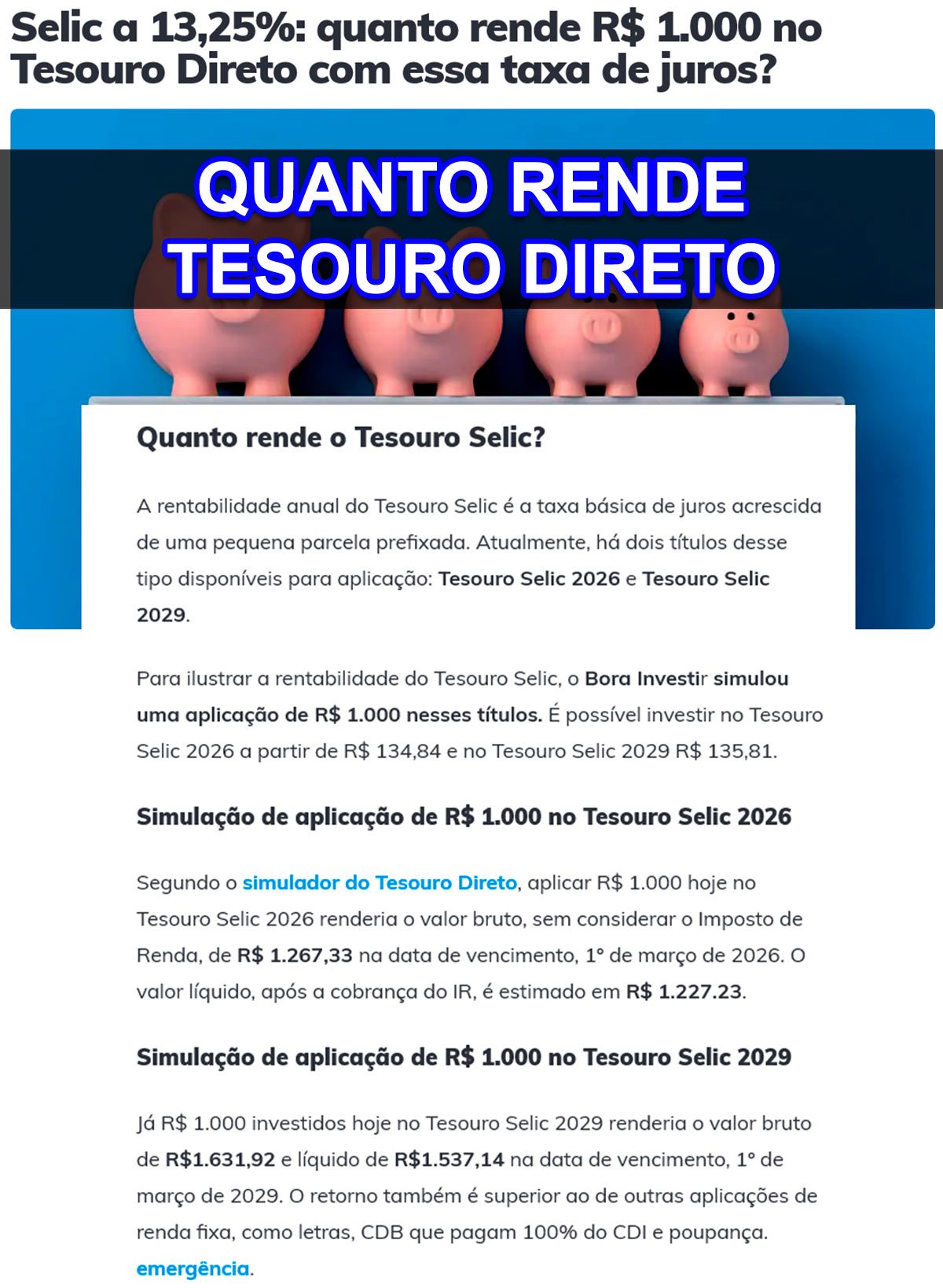 quanto rende tesouro direto